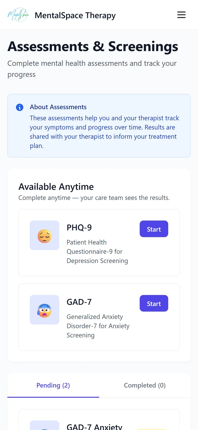My MentalSpace assessments screen offering the PHQ-9 and GAD-7 check-ins