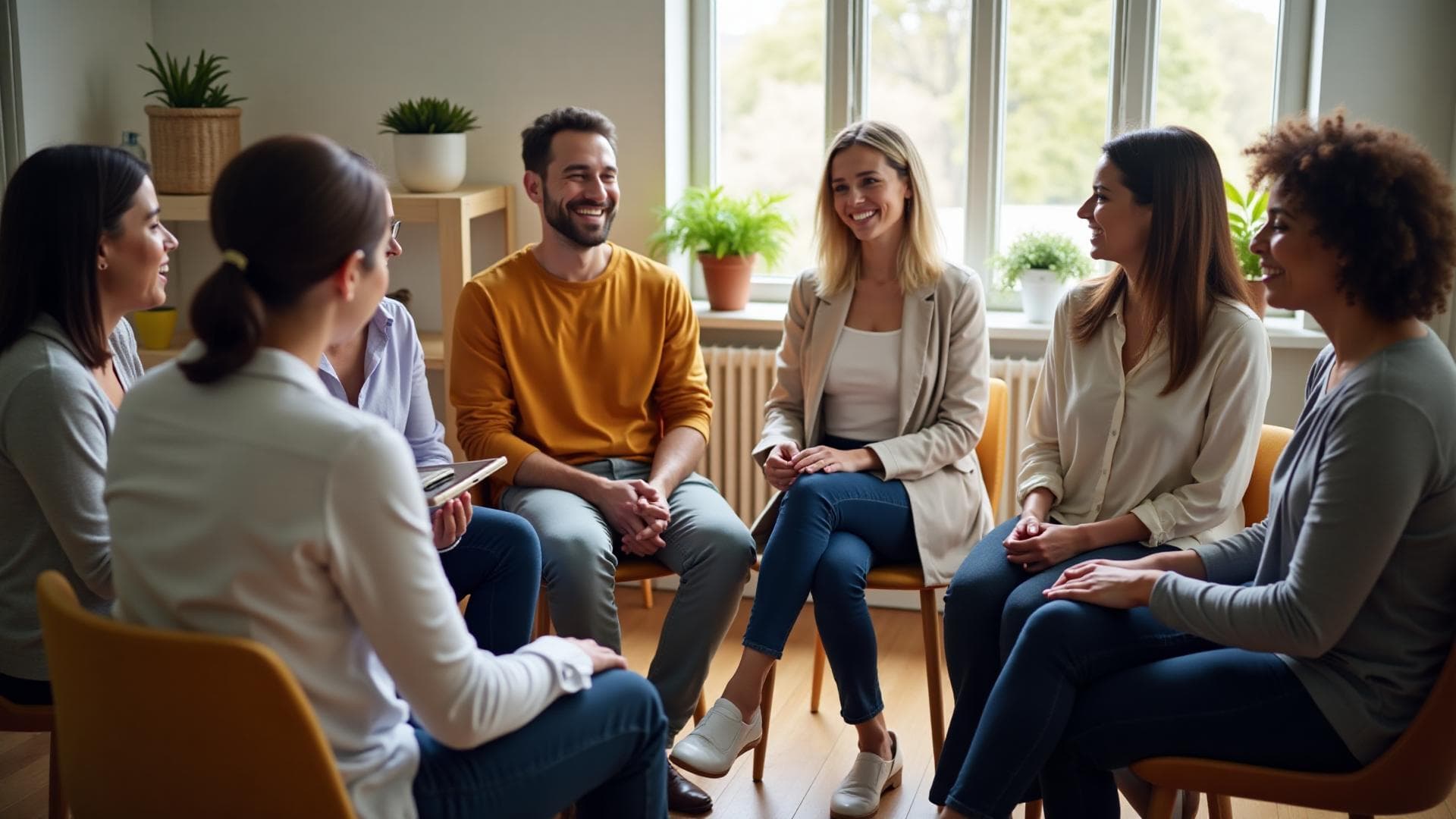 Group therapy session with supportive participants