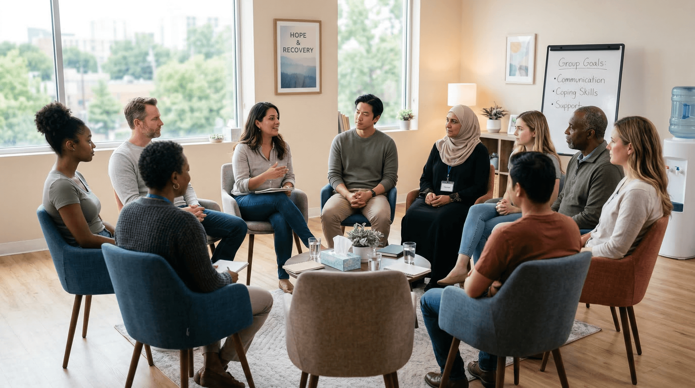 Supportive group therapy session in a virtual intensive outpatient program