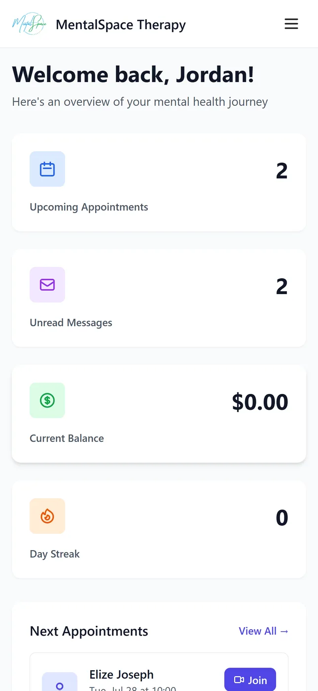 My MentalSpace home screen showing upcoming appointments, unread messages and current balance