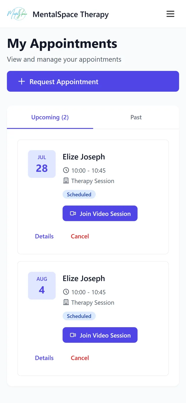 My MentalSpace appointments screen listing an upcoming telehealth session with a Join button