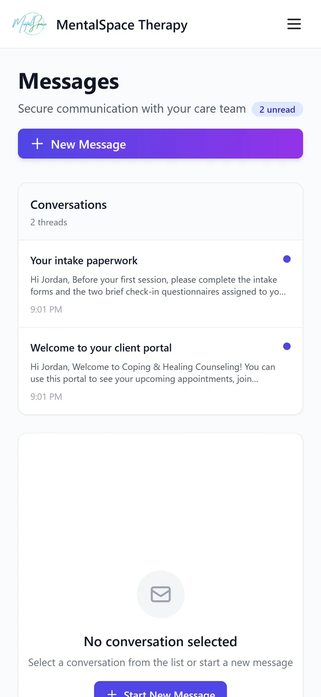 My MentalSpace secure messaging screen showing a conversation with the care team
