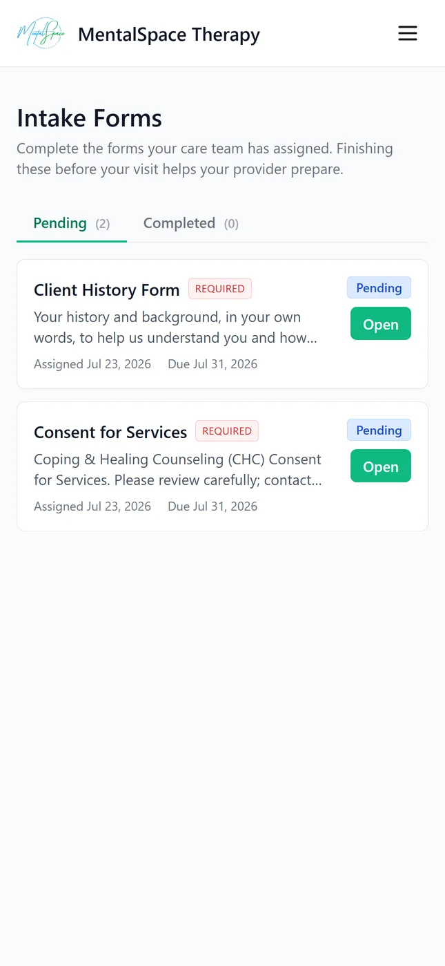 My MentalSpace forms screen listing intake paperwork ready to complete